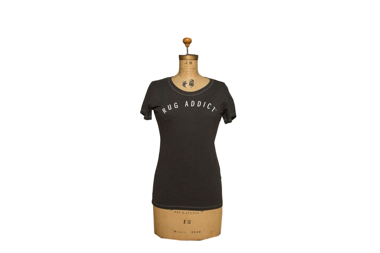 Women's Charcoal Block Letter Fine Scoop Neck T-Shirt (Contrast Stitch)