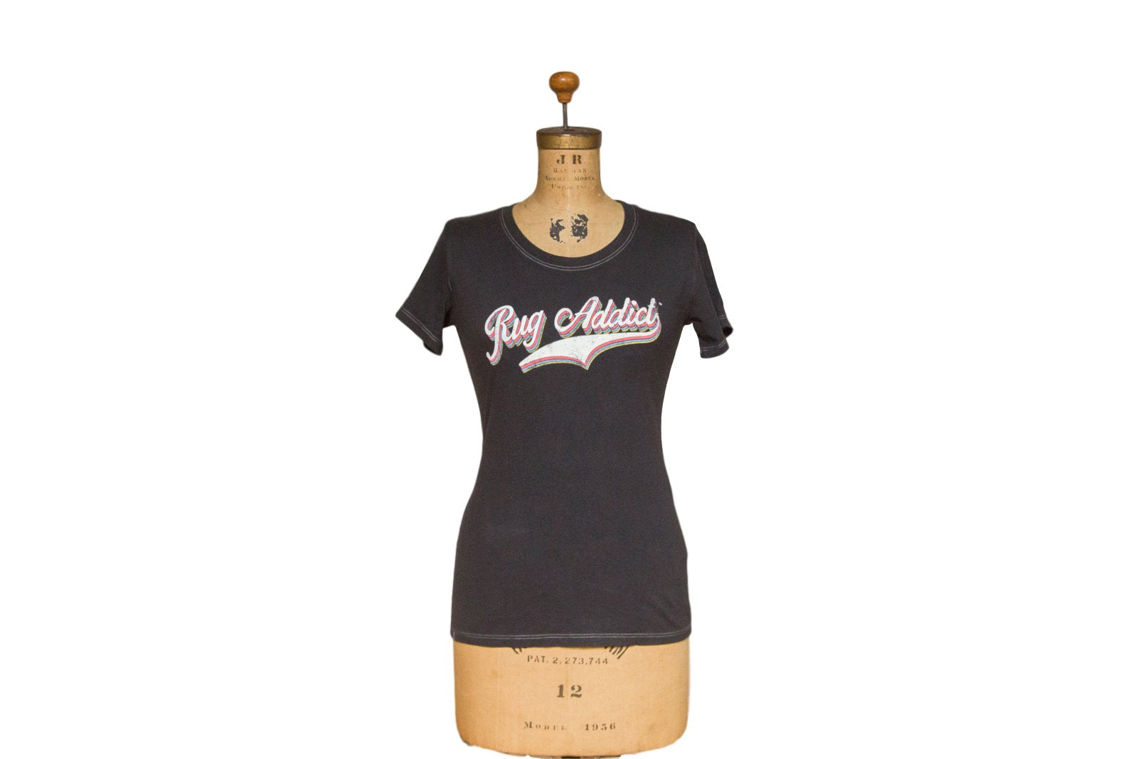 Women's Charcoal Retro Letter Fine Scoop Neck T-Shirt (Contrast Stitch)
